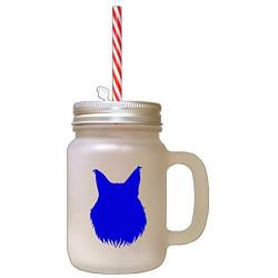 Royal Blue Maine Coon Cat Head Silhouette Frosted Glass Mason Jar With Straw