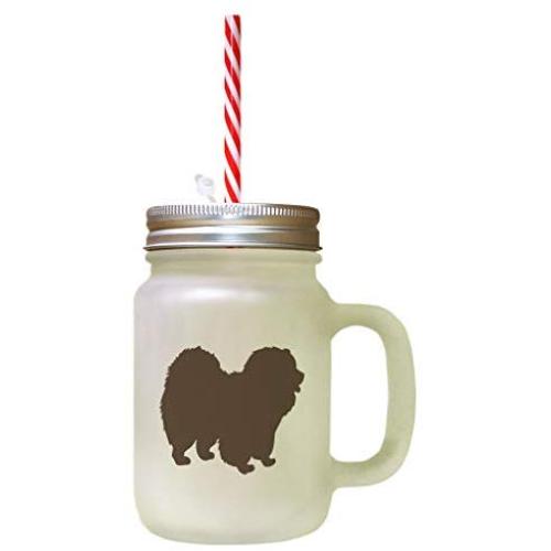 Brown Chow Chow Silhouette Frosted Glass Mason Jar With Straw