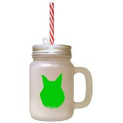 Green Maine Coon Cat Head Silhouette Frosted Glass Mason Jar With Straw
