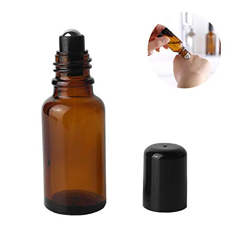 3Pcs 20ML Amber Glass Empty Refillable Roll-On Bottles with Stainless Steel Roller Ball and Black Cap Essential Oil Perfume Eye Essence Fluid Cosmetic Containers Dispense Sample Vials for Beauty