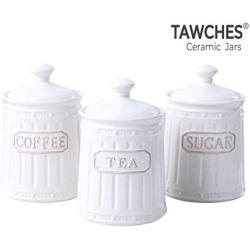 Canisters Sets for the Kitchen, Safer and Healthier Ceramic Kitchen Canisters set of 3 for Saving Sugar Tea Coffee Jars with Airtight Lids White Canister Food Storage jars TAWCHES TC001 (C White 3pcs)