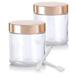 Large Clear Thick Glass Straight Sided Jar with Gold Metal Overshell Lid - 16 oz / 480 ml (2 Pack) + Spatulas