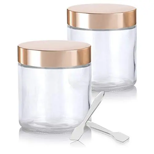 Large Clear Thick Glass Straight Sided Jar with Gold Metal Overshell Lid - 16 oz / 480 ml (2 Pack) + Spatulas Large Clear Thick Glass Straight Sided Jar with Gold Metal Overshell Lid - 16 oz / 480 ml (2 Pack) + Spatulas