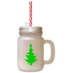 Green Christmas Tree #6 Frosted Glass Mason Jar With Straw