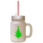Green Christmas Tree #6 Frosted Glass Mason Jar With Straw