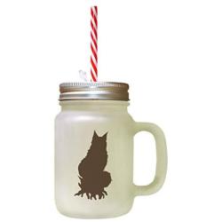 Brown Maine Coon Cat Silhouette #1 Frosted Glass Mason Jar With Straw