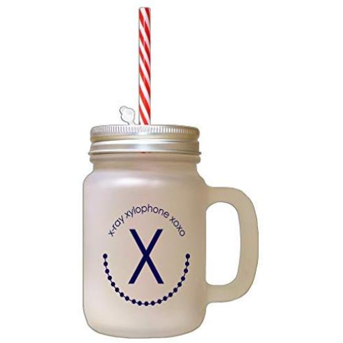 Navy Alphabet X, X Ray, Xylophone Xoxo Frosted Glass Mason Jar With Straw