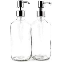 1Pack 500ml /17ounce Transparent Round Glass Empty Press Pump Bottles Dispenser Container Jar Pot For Bathroom Lotion Liquid Body Wash Shower Makeup Foundations Cosmetic Soap Cream