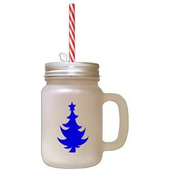 Royal Blue Christmas Tree #6 Frosted Glass Mason Jar With Straw