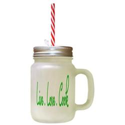 Green Live. Love. Cook Frosted Glass Mason Jar With Straw