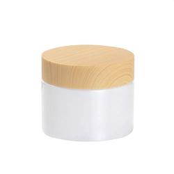 2Pcs Pearlescent White Round Glass Jars with Inner Liners and Plastic Wood Grain Lids Wide Mouth Jars Straight Sided Cream Jars Empty Container Dispening Pots Vial Case for Face Cream 50g/1.7oz