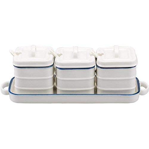 Kitchen seasoning box/Blue Edge Ceramic Condiment Storage Container with Pallet Household Sugar Spice Jars Box Three-Piece Set