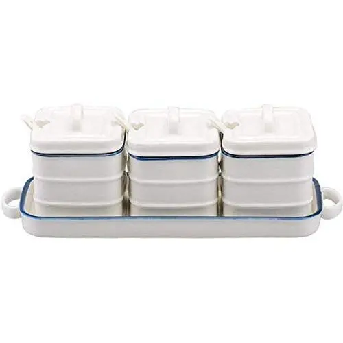 Küchengewürzbox / Blau Rand Ceramik Condiments Lagerbehälter mit Palette – Drei-teiliges Set für Zucker und Gewürze