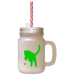 Green British Shorthair Cat Silhouette #3 Frosted Glass Mason Jar With Straw