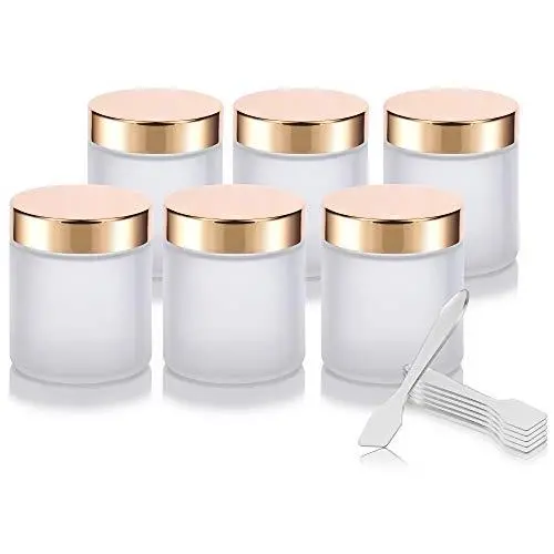 Frosted Clear Thick Glass Straight Sided Jar with Gold Metal Overshell Lid - 4 oz / 120 ml (6 pack) + Spatulas Frosted Clear Thick Glass Straight Sided Jar with Gold Metal Overshell Lid - 4 oz / 120 ml (6 pack) + Spatulas