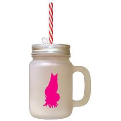 Hot Pink Maine Coon Cat Silhouette #1 Frosted Glass Mason Jar With Straw