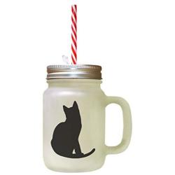 Black Tonkinese Cat Silhouette #1 Frosted Glass Mason Jar With Straw