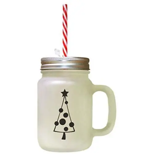 Black Christmas Tree Style 7 Frosted Glass Mason Jar With Straw Black Christmas Tree Style 7 Frosted Glass Mason Jar With Straw