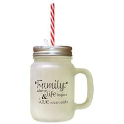 Black Family Where Life Begins Love Never Ends #4 Frosted Glass Mason Jar With Straw