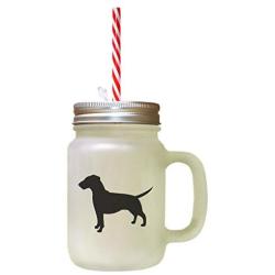 Black German Pinscher Silhouette Frosted Glass Mason Jar With Straw