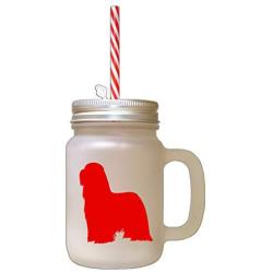 Red Bearded Collie Silhouette Frosted Glass Mason Jar With Straw