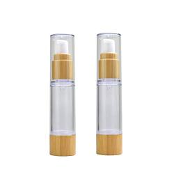 TOPWEL 2Pcs Plastic Vacuum Airless Lotion Pump Bottles with Bamboo Lid and bottom Press Emulsion Dispenser Container Jar for Makeup Cream Essence,1.7 Ounce