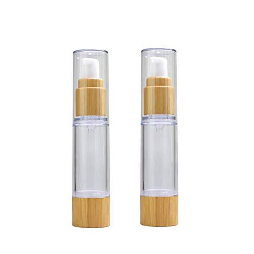 2PCS 50ml/1.7oz Empty Refillable Plastic Airless Vacuum Pump Press Bottle Lotion Dispenser with Eco Bamboo Lid and Bottom Portable Travel Cosmetic Containers Jar Pot Vial for Emulsion Essence Serum