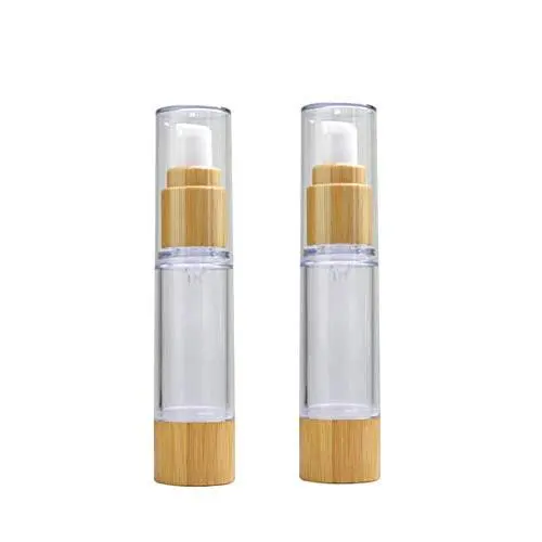Deux Pots à Pompe à Air Vide en Plastique 1,7 oz avec Couvercle en Bambou pour Émulsion, Crème, Essence de Maquillage. Deux Pots à Pompe à Air Vide en Plastique 1,7 oz avec Couvercle en Bambou pour Émulsion, Crème, Essence de Maquillage.
