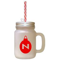 Red&quotN" Christmas Tree Toy Monogram N Frosted Glass Mason Jar With Straw