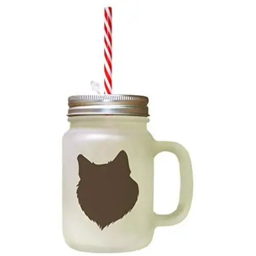 Brown Finnish Lapphund Silhouette Frosted Glass Mason Jar With Straw Brown Finnish Lapphund Silhouette Frosted Glass Mason Jar With Straw