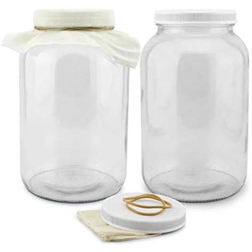 Two 1-Gallon Glass Kombucha Jars w/Cotton Cloth Covers & Plastic Lids for Storage after Brewing (2-Pack)