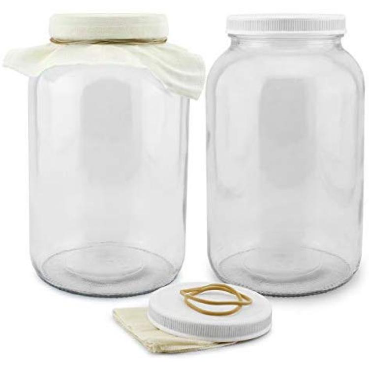 Kitchentoolz 2 Pack - 1 Gallon Glass Mason Jar Wide Mouth with Airtight Metal Lid - Safe for Fermenting Kombucha Kefir - Pickling, Storing