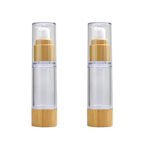 2PCS Empty Refill Portable Bamboo Plastic Airless Vacuum Emulsion Pump Bottle Jars Cream Lotion Make Up Sample Travel Packing Vials Cosmetic Toiletries Liquid Storage Containers(100ml/3.4oz)