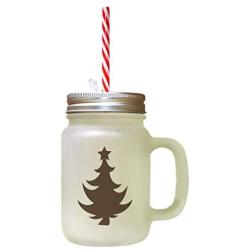 Brown Christmas Tree #6 Frosted Glass Mason Jar With Straw