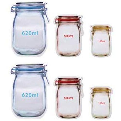 6Pcs/lot Portable Mason Jar Shape Food Zipper Sealed Storage Bag Kitchen Travel Food Snack Candy Storage Zipper Bag,Multi