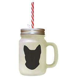 Black Havans Brown Cat Head Silhouette Frosted Glass Mason Jar With Straw
