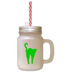 Green Domestic Shorthair Cat Silhouette #3 Frosted Glass Mason Jar With Straw