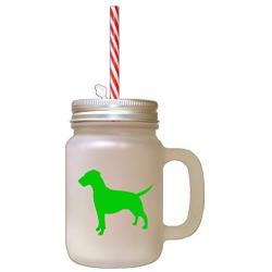 Green German Pinscher Silhouette Frosted Glass Mason Jar With Straw