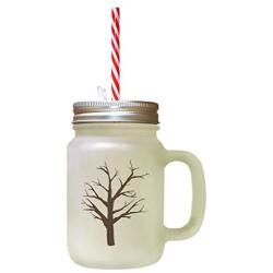 Brown Tree #4 Frosted Glass Mason Jar With Straw