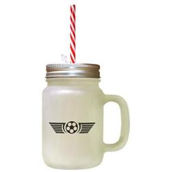 Black Soccer Ball #2 Frosted Glass Mason Jar With Straw