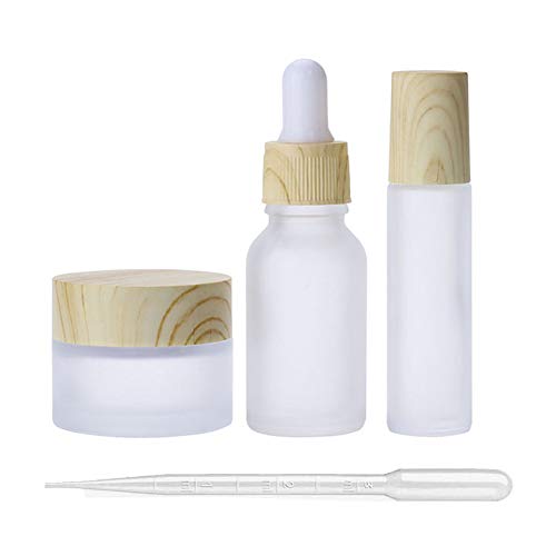 3Pcs Empty Translucent Frosted Glass Cosmetic Containers with Wood Grain Cap, 1 30ml Round Jar+1 20ml Eye Dropper Bottles+1 10ml Roller Bottles for Essential Oil Aromatherapy Perfume Skincare Liquid