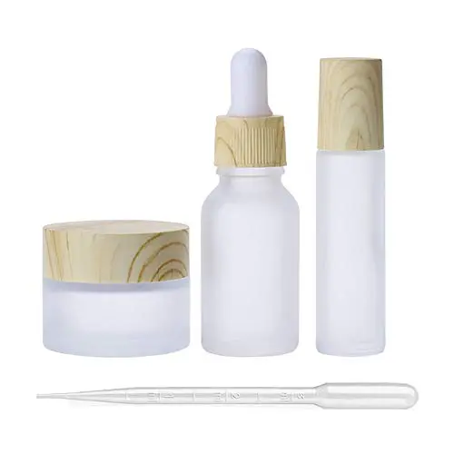 3Pcs Empty Translucent Frosted Glass Cosmetic Containers with Wood Grain Cap, 1 30ml Round Jar+1 20ml Eye Dropper Bottles+1 10ml Roller Bottles for Essential Oil Aromatherapy Perfume Skincare Liquid 3Pcs Empty Translucent Frosted Glass Cosmetic Containers with Wood Grain Cap, 1 30ml Round Jar+1 20ml Eye Dropper Bottles+1 10ml Roller Bottles for Essential Oil Aromatherapy Perfume Skincare Liquid