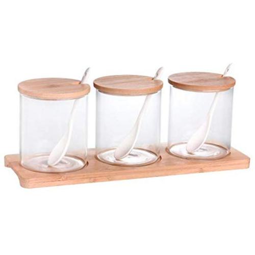 TNKML Creative Glass Seasoning Jar Salt Shaker Sugar Bowl Three-Piece Kitchen Tools Transparent Storage Jar Spice Container