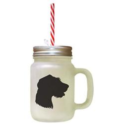 Black German Rough Haired Pointer Silhouette Frosted Glass Mason Jar With Straw