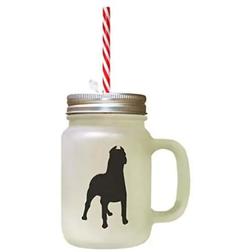 Black Dogo Argentino Silhouette Frosted Glass Mason Jar With Straw