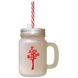 Red Tree #3 Frosted Glass Mason Jar With Straw