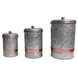 Premium Galvanized Metal Lidded Canister with Copper Band Set of Three Gray Storage