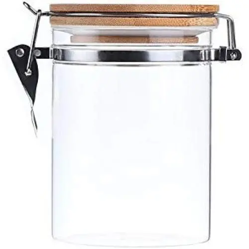 AUYE Glas Aufbewahrungsglas, Kaffeebohnen- & Küchen-Lebensmittelbehälter mit Klickverschluss und Holzdeckel (900 ml)