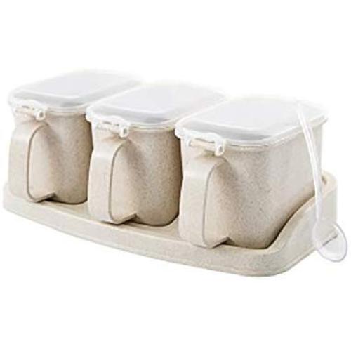 KANEED Wheat Straw Seasoning Box Pepper Spice Shaker Salt Seasoning Transparent PP Kitchen Cruet Condiment Bottle Jars Storage Box, Color:Three grid Beige Seasoning Cruet Set