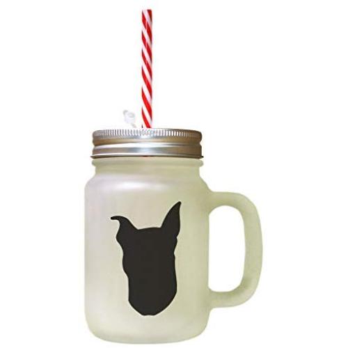 Black Miniature Pinscher Silhouette Frosted Glass Mason Jar With Straw